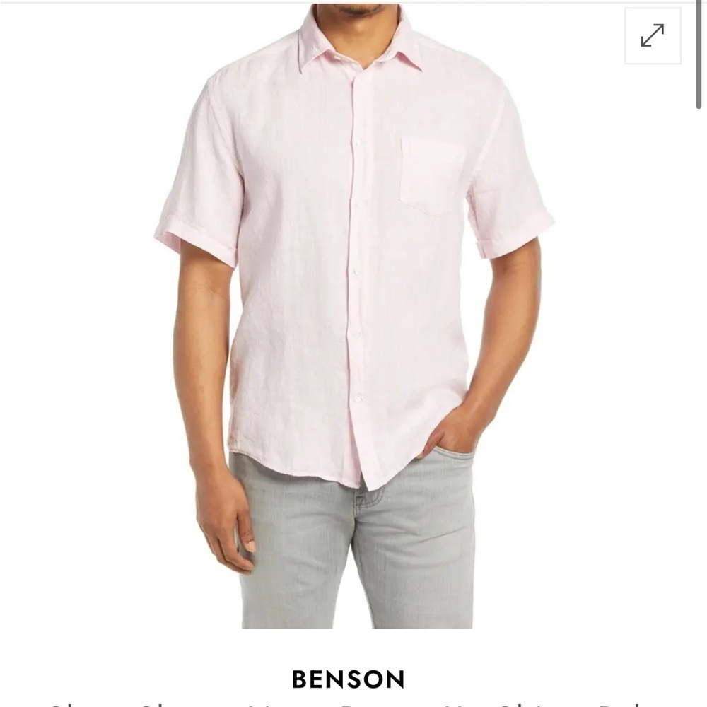 Bensen NWT men’s pale pink button front short sleeve shirt size large linen